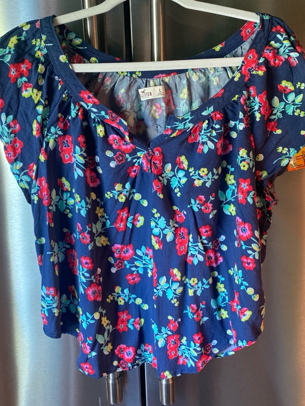 Hollister Navy Floral Short Sleeve Top with Red and Aqua Flowers